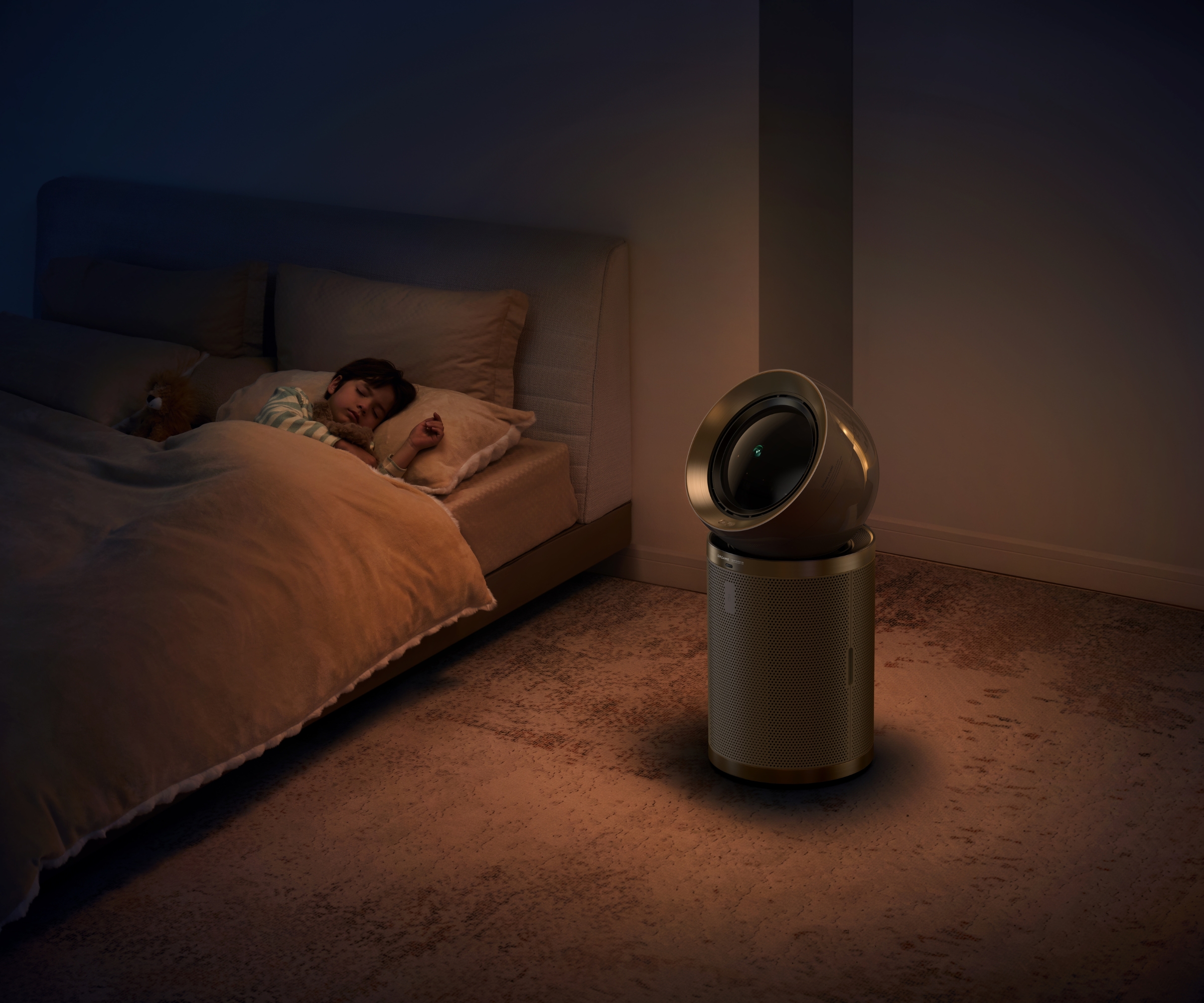 Dreame AirPursue PM20 in child&#039;s bedroom with minimal lighting.