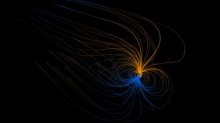 The visualization above shows the magnetic field around Earth, the magnetosphere, as it might look from space. 