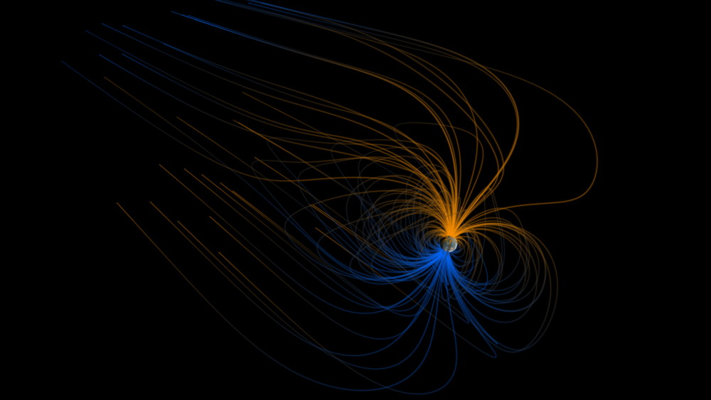 The visualization above shows the magnetic field around Earth, the magnetosphere, as it might look from space. 