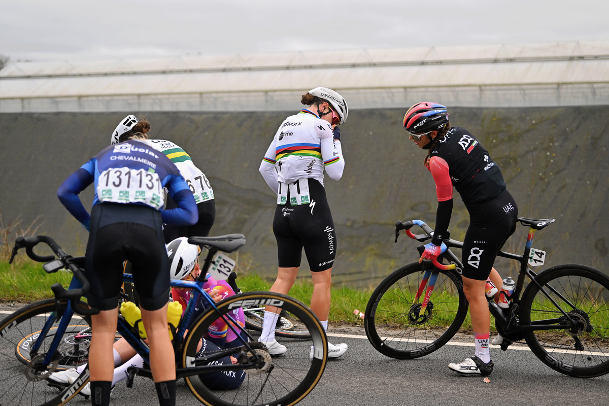 Kopecky relaying back to her team after she and Wiebes went down