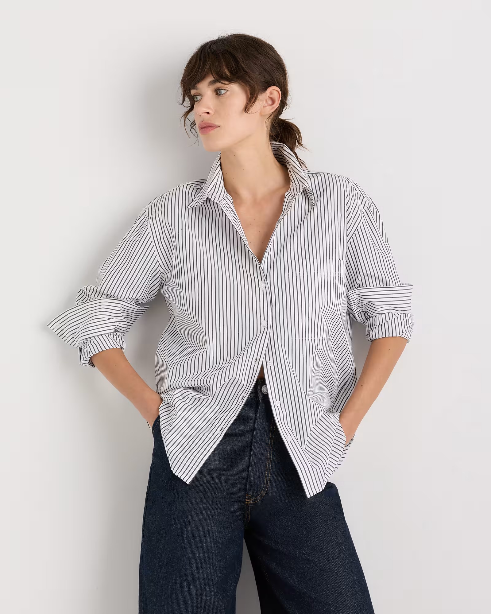 100% Organic Cotton Poplin Long Sleeve Boyfriend Shirt in Steel Grey Soho Stripe