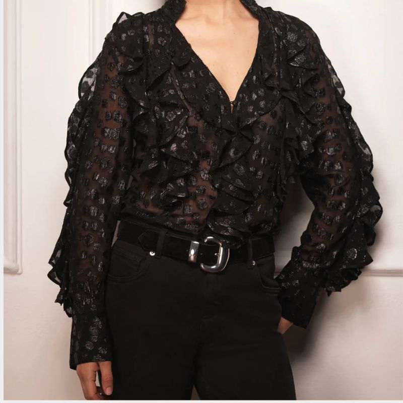 Image of black ruffled blouse