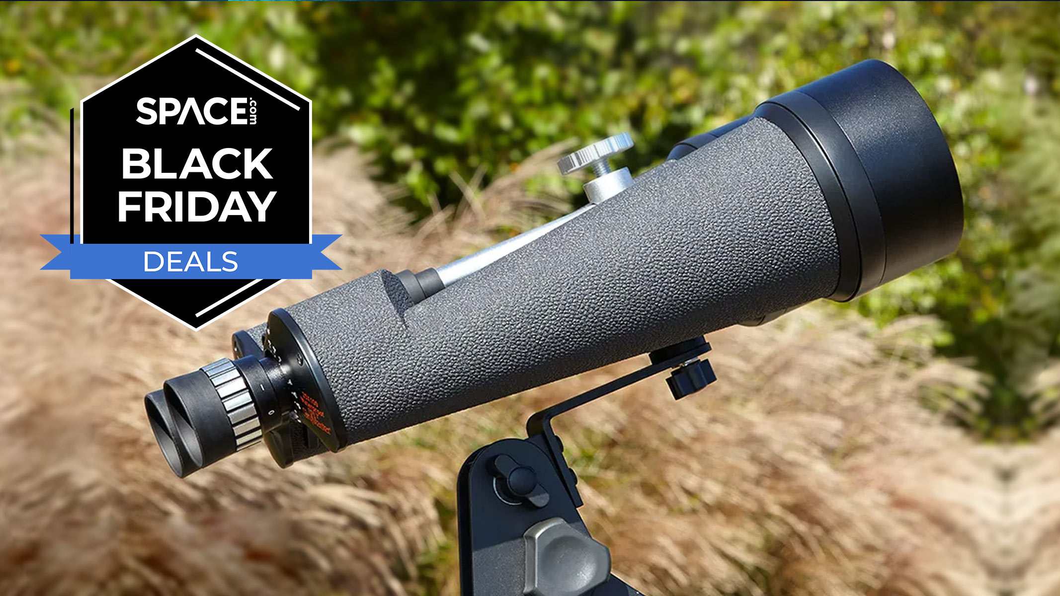 The Celestron 25x100 binoculars aimed at the sky with pampas grass in the background with a black Space.com Black Friday deals badge in the upper-left corner. 