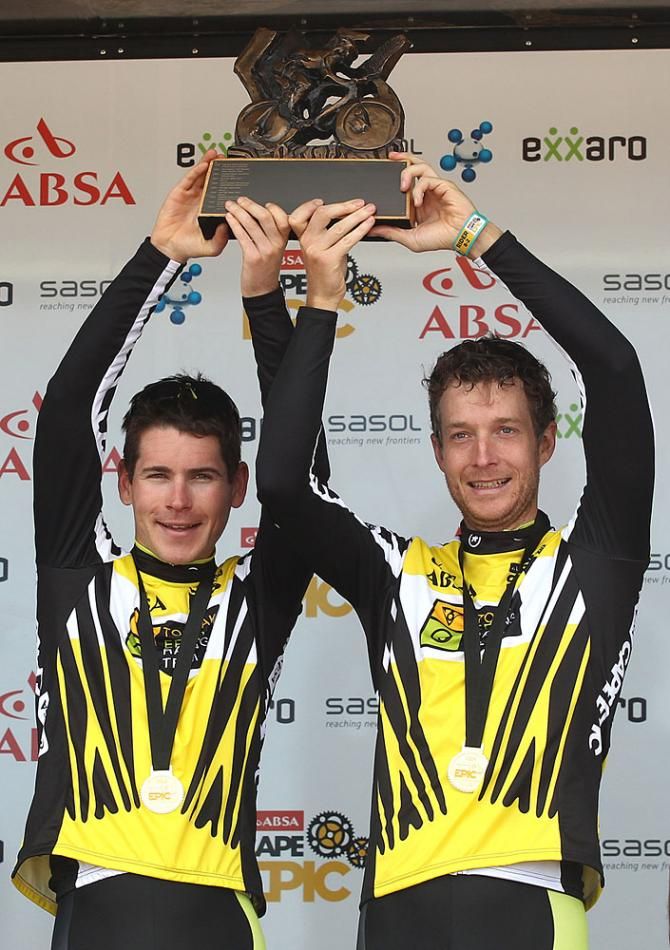 Robert Mennen and Kristian Hynek of Topeak-Ergon Racing celebrate the overall win
