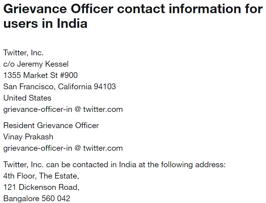 Details of Resident Grievance Officer in Twitter India