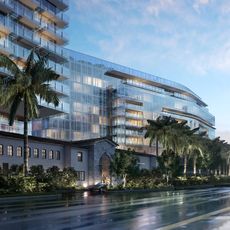 Exterior of Surf Club in Miami, with renderings to indicate housing development