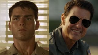 From left to right: Maverick in Top Gun and Maverick in Top Gun: Maverick.