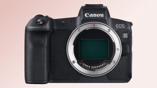 The Canon EOS R camera on an orange background