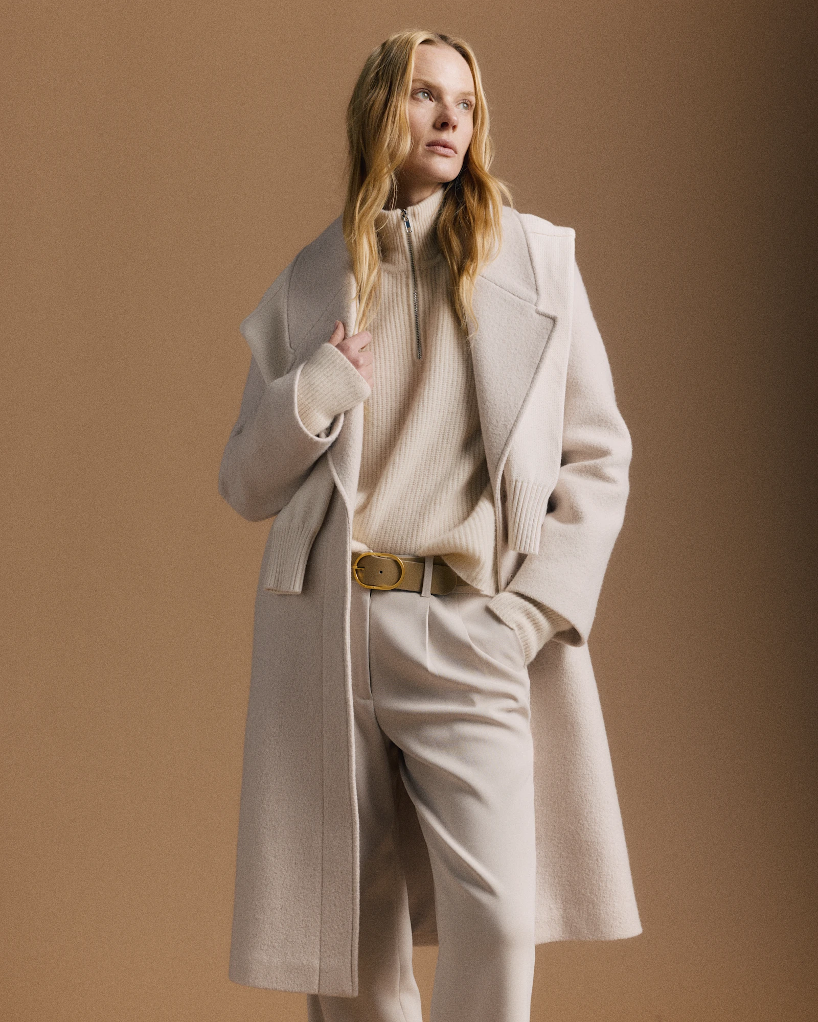 100% Merino Wool Shawl Collar Long Coat in Heather Bone, Size Xs