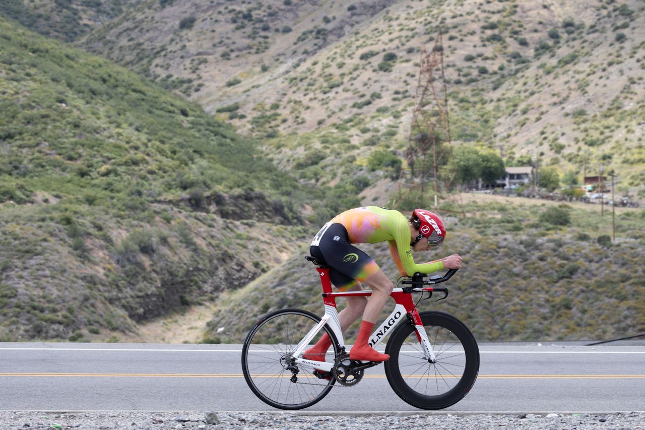 Aiden Oliphant (TaG Cycling Race Team) makes his way north along the sparsely populated course.