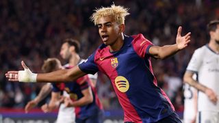  Lamine Yamal of FC Barcelona celebrates scoring his team's first goal during the UEFA Champions League 2024/25 Semi Final First Leg match between FC Barcelona and FC Internazionale Milano at Estadi Olimpic Lluis Companys on April 30, 2025 in Barcelona, Spain. 