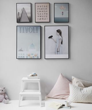 Living room in soft colors with gallery wall