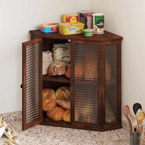 Wouzglk Extra Large Corner Bread Box for Kitchen Countertop, 16.5 Inch Charred Pine 2-Tier Breadbox With Glass Wavy Door Panel, Vintage Farmhouse Style Wood Design