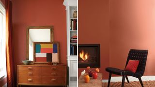 Compilation of two room images showing Rust colorway on the walls to demonstrate a key interior paint color trend 2023