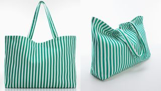 composite of mango striped shopper bag in green and white stripes