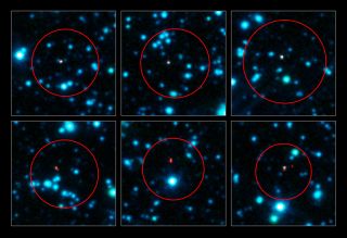 This photo shows the exact locations of six star-forming galaxies as spotted by ALMA. Image released on April 17,2013.