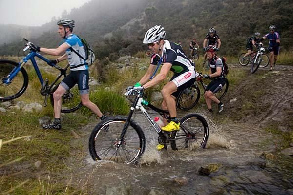 Riders negotiate a stream cross during the inaugural Alpine Epic in New Zealand.