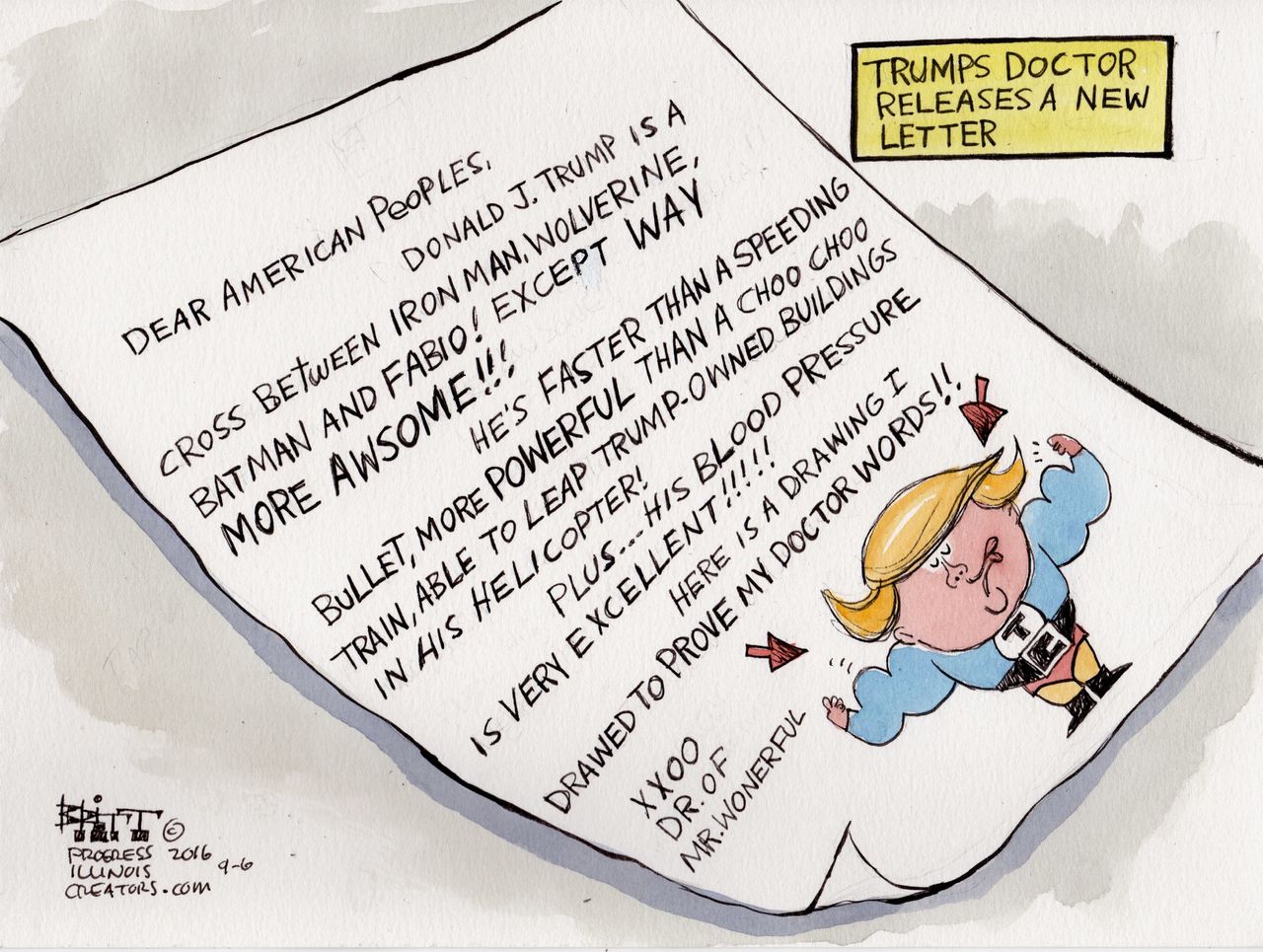 Political cartoon U.S. 2016 election Donald Trump doctor&amp;#039;s note