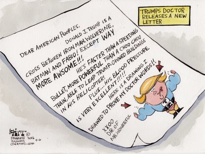 Political cartoon U.S. 2016 election Donald Trump doctor's note
