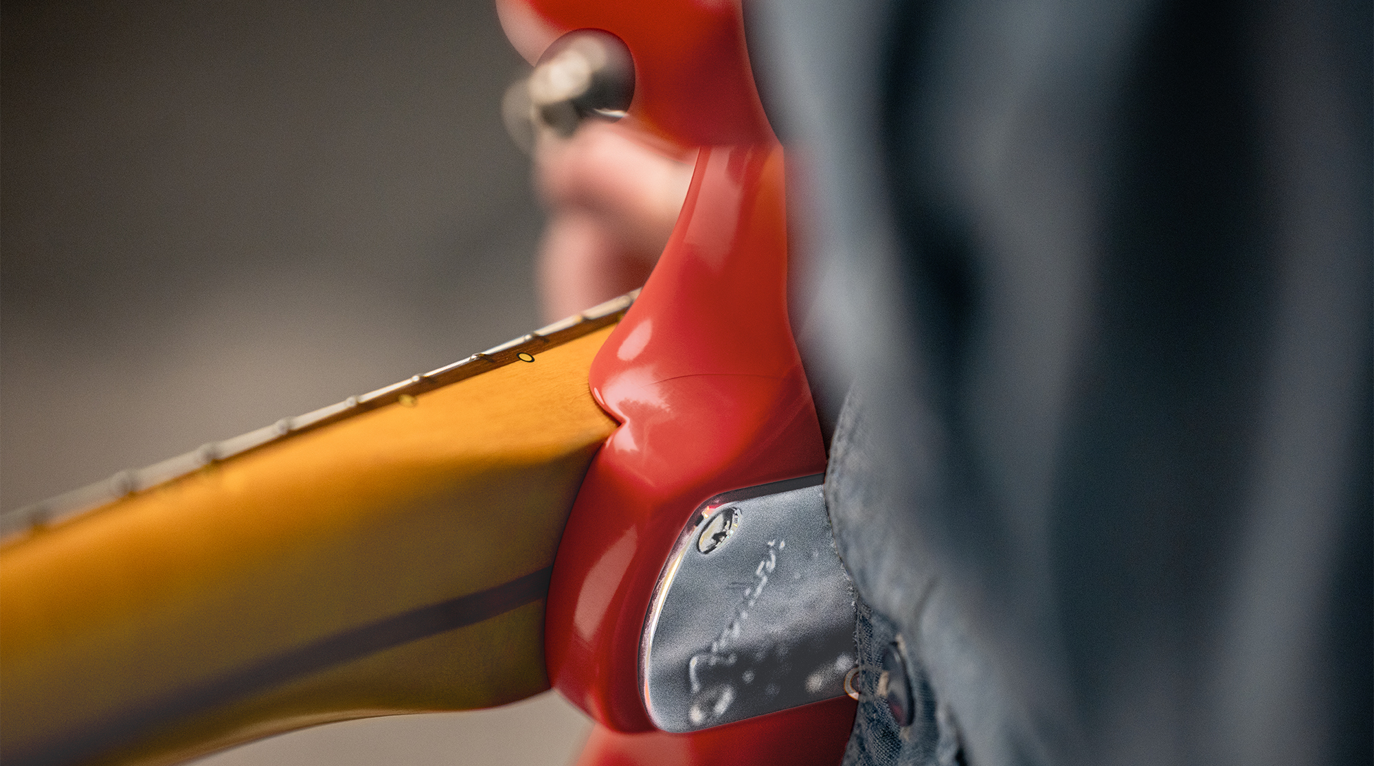 A detail photo of the Fender American Ultra Luxe Vintage &amp;rsquo;60s Stratocaster HSS in Fiesta Red