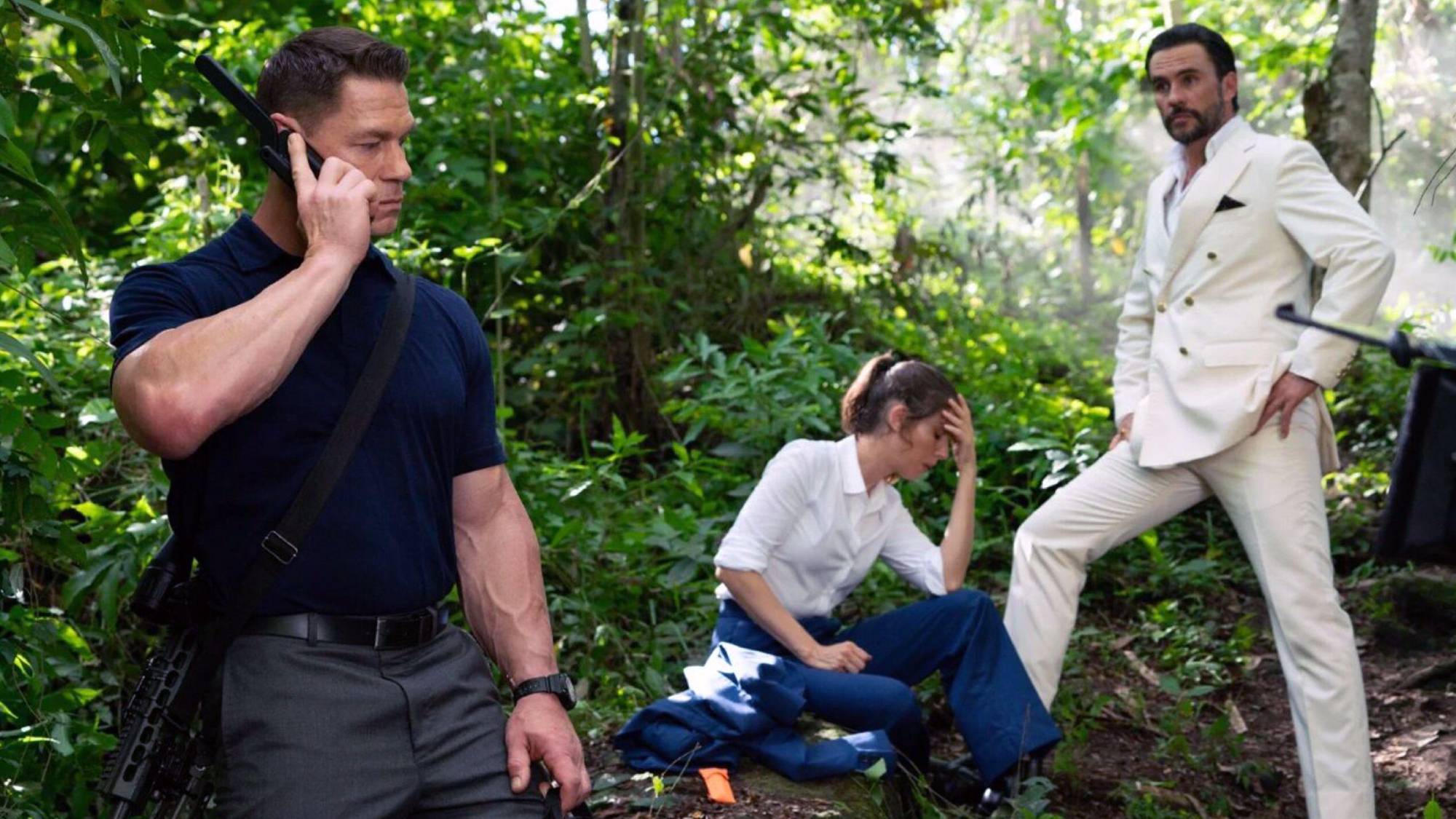 (L-R) John Cena as Mason Pettits, Alison Brie as Claire Wellington and Juan Pablo Raba as Juan Venegas in "Freelance"