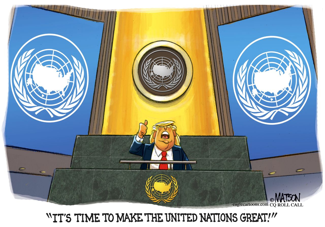 Political cartoon U.S. UN Trump speech MAGA