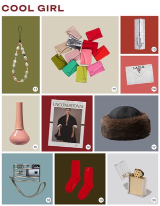 Editor-approved under $50 cool girl holiday gift guide collage with phone chain, card case, Dior lipstick, embroidered envelope, Gucci nail polish, Unconditional magazine, H&M fur coat, vintage Minolta Courreges camera, red Sandy Liang socks, and a brass lighter from Maimoun