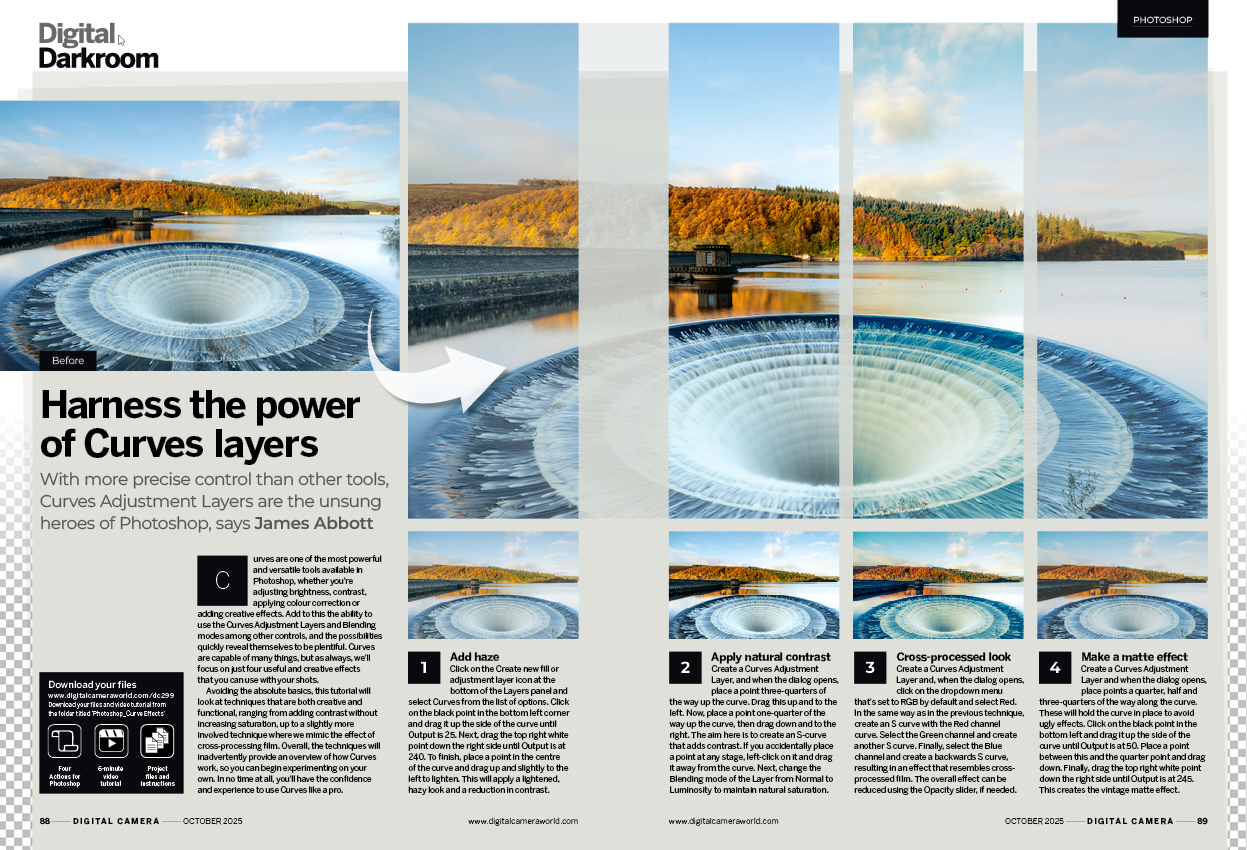 Image showing the Get the Look tutorial in issue 299 (October 2025) of Digital Camera magazine, explaining how to harness the power of Curves layers