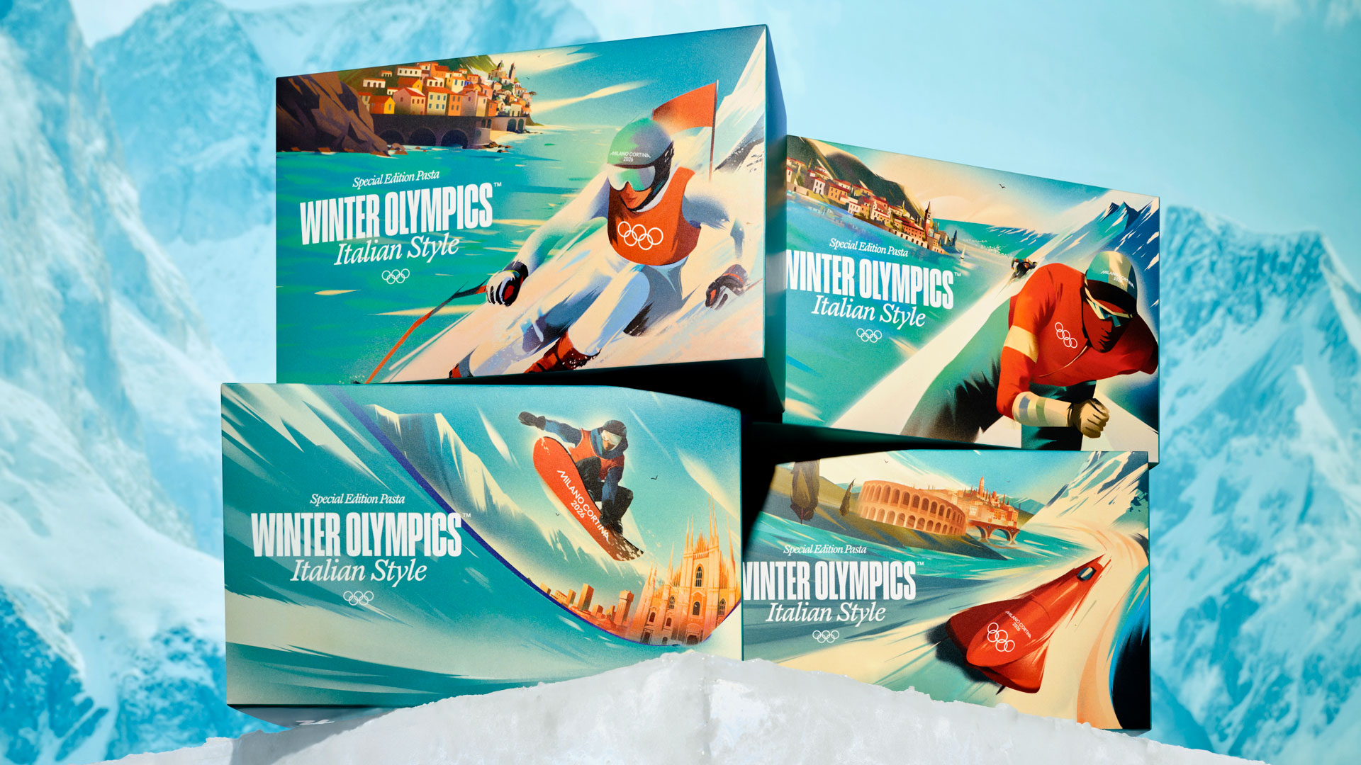 Winter Olympics Olympic pasta shaped ring boxes with illustrations of winter sports on them