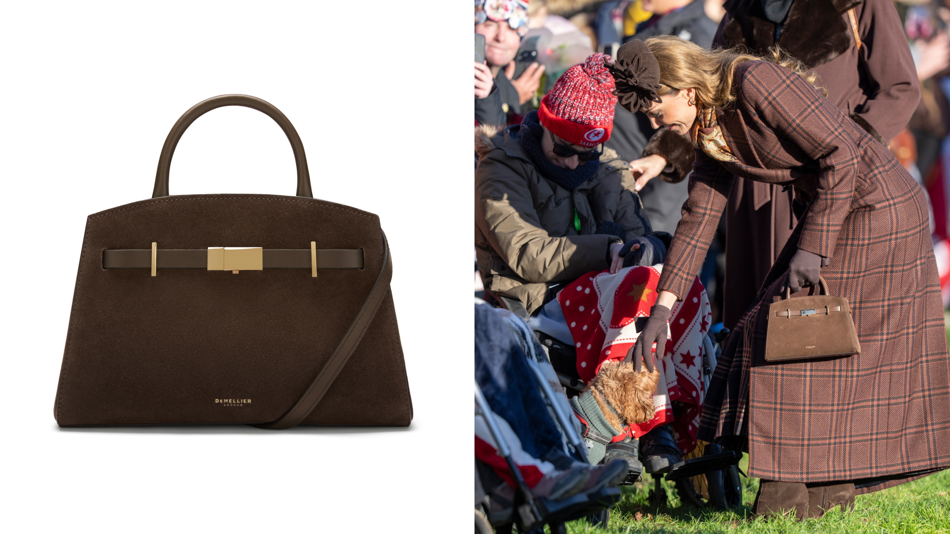 A brown Demellier Small Hudson bag; Princess Kate carrying the same bag, wearing a brown coat and leaning down to pet a dog