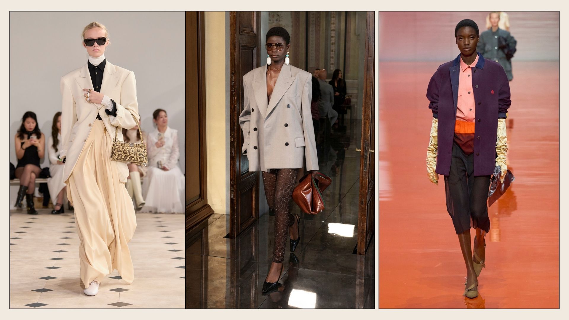 An image of fashion styles that trending for 2026, including derbies, power suiting and vibrant colours. 