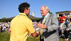 Rory McIlroy and Jack Nicklaus shake hands at the Memorial Tournament on the 18th hole