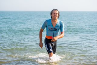 Davide Bomboi in the sea at the Tour of Britain