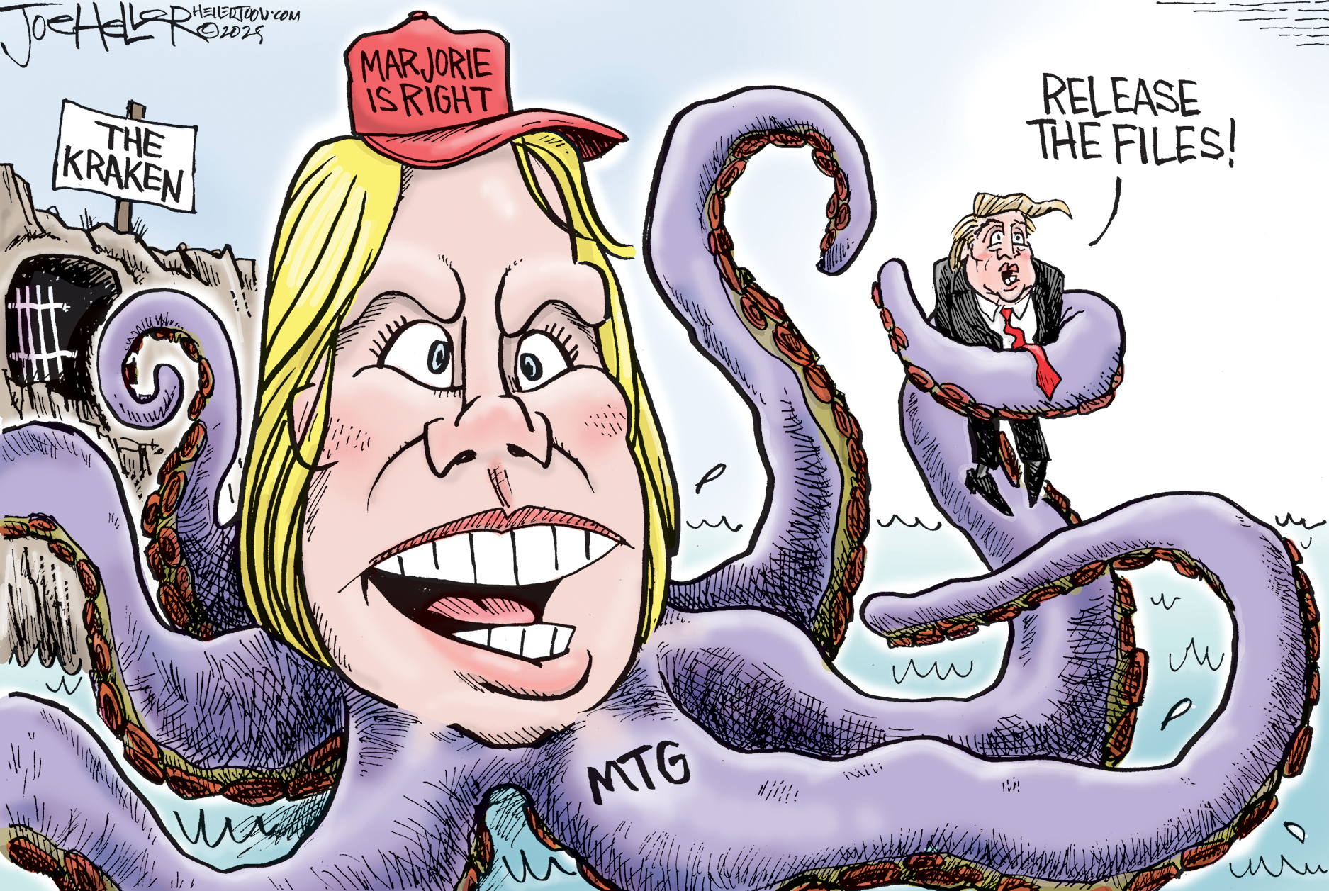 This cartoon depicts Marjorie Taylor Greene&amp;rsquo;s head on an octopus&amp;rsquo; body. She&amp;rsquo;s come out of a cave named &amp;ldquo;The Kraken&amp;rdquo; and wears a hat that says &amp;ldquo;Marjorie is Right.&amp;rdquo; She holds a diminutive Donald Trump in one of her tentacles and Trump says, &amp;ldquo;Release the files!&amp;rdquo;