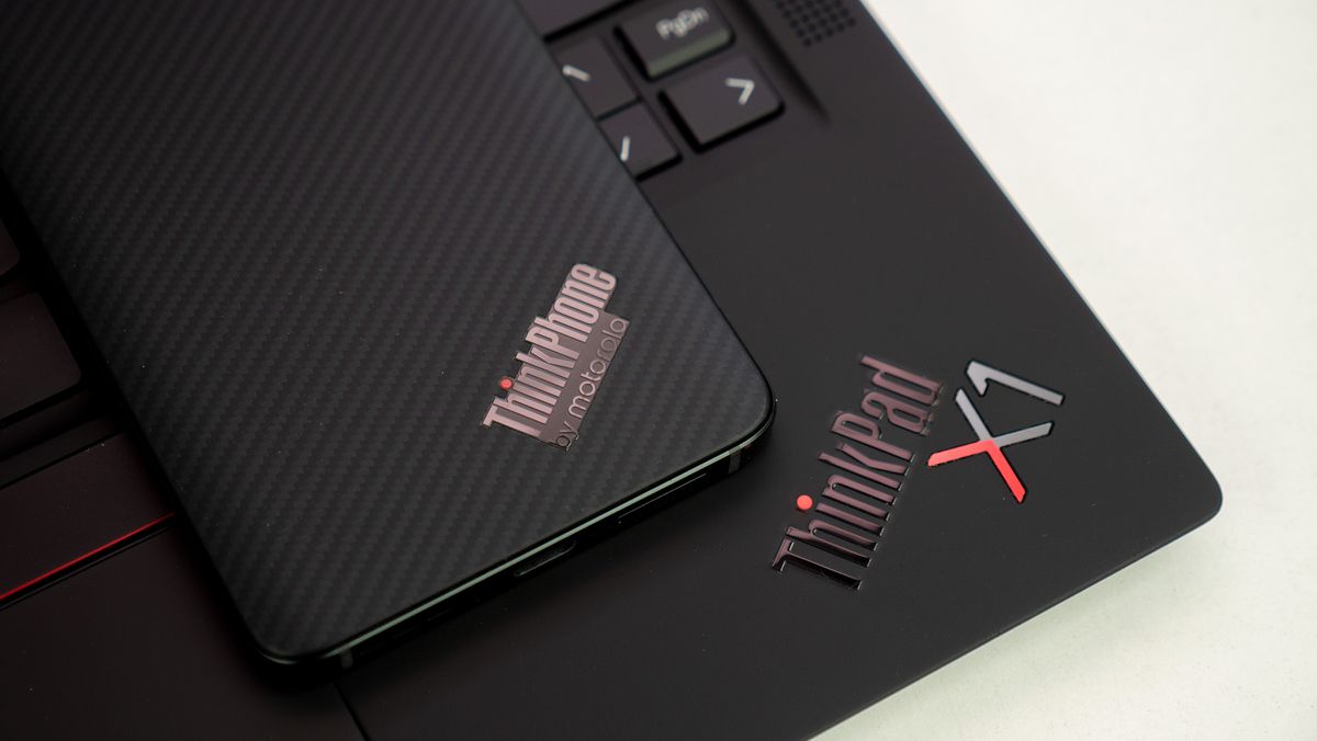ThinkPhone by Motorola on a Lenovo ThinkPad Carbon X1 laptop