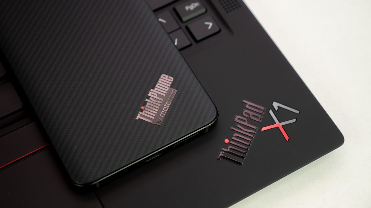 ThinkPhone by Motorola on a Lenovo ThinkPad Carbon X1 laptop
