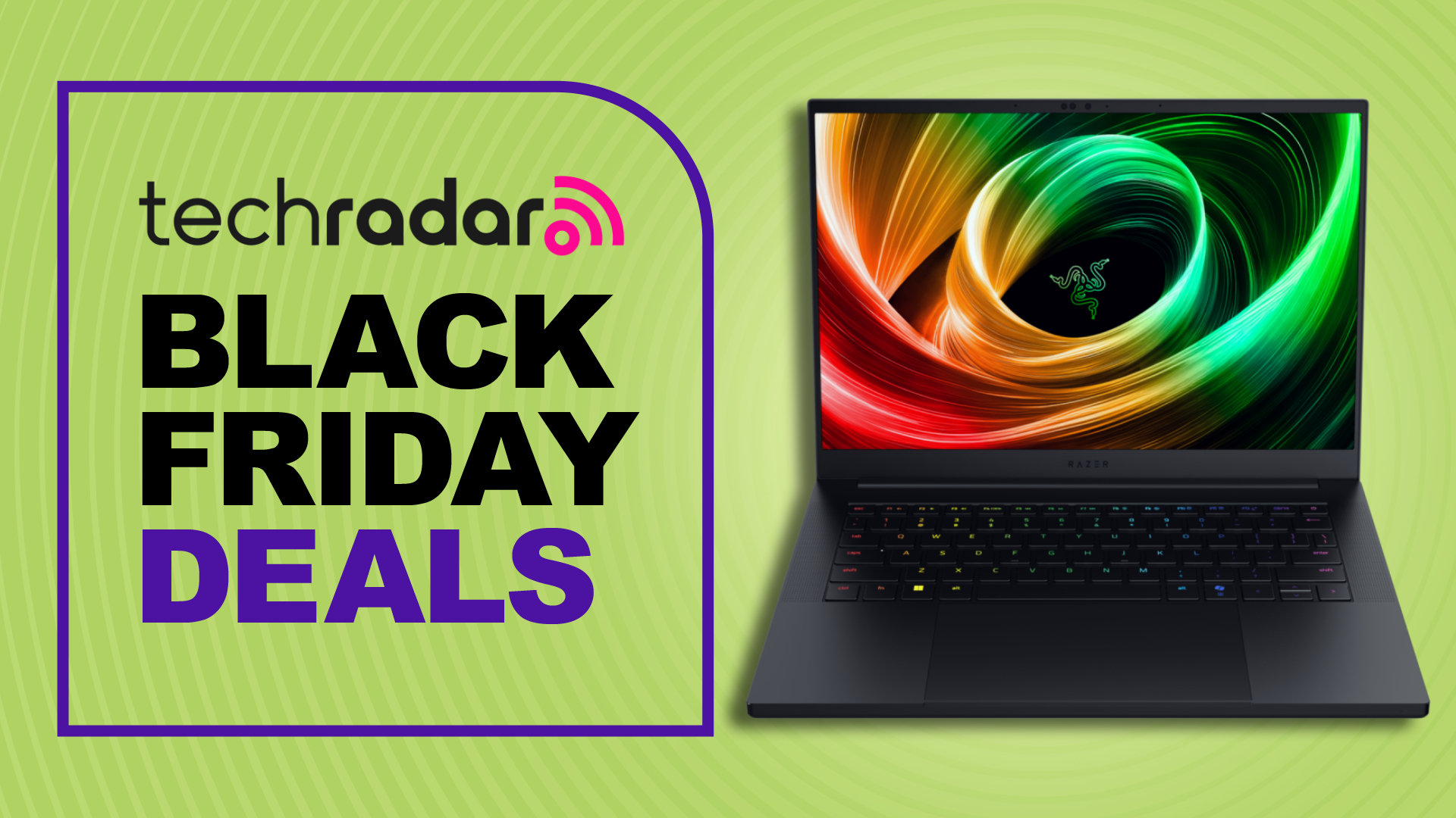 Razer Blade 14 (2025) gaming laptop against a light green TechRadar deals background