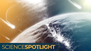 An illustration showing a fiery rift in early Earth's tectonic plates