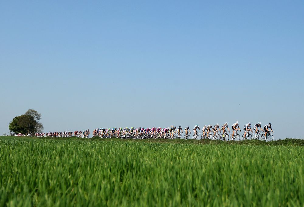 The peloton makes it's way through the Belgian countryside during the 2011 Fleche Wallonne.