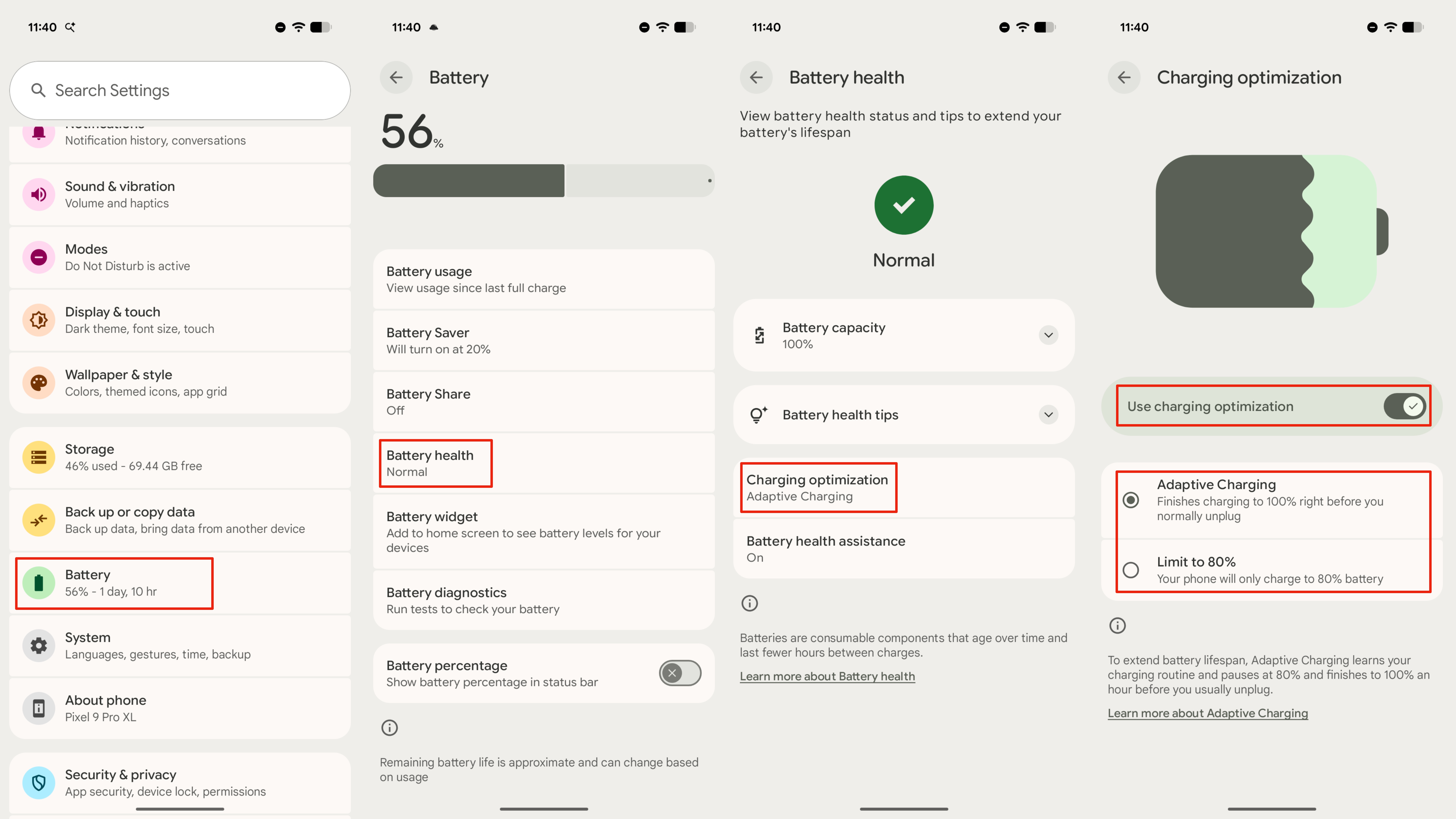The steps for enabling charging optimization on a Google Pixel.
