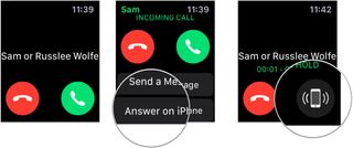 To transfer a call from Apple Watch to iPhone, use the Digital Crown, then tap Answer on iPhone. If you've already answered the call on your Apple Watch, you can transfer it to your iPhone in one of two ways: If your iPhone is locked, tap on the phone icon at the top left corner of the screen. Otherwise, tap the time at the top of the screen.