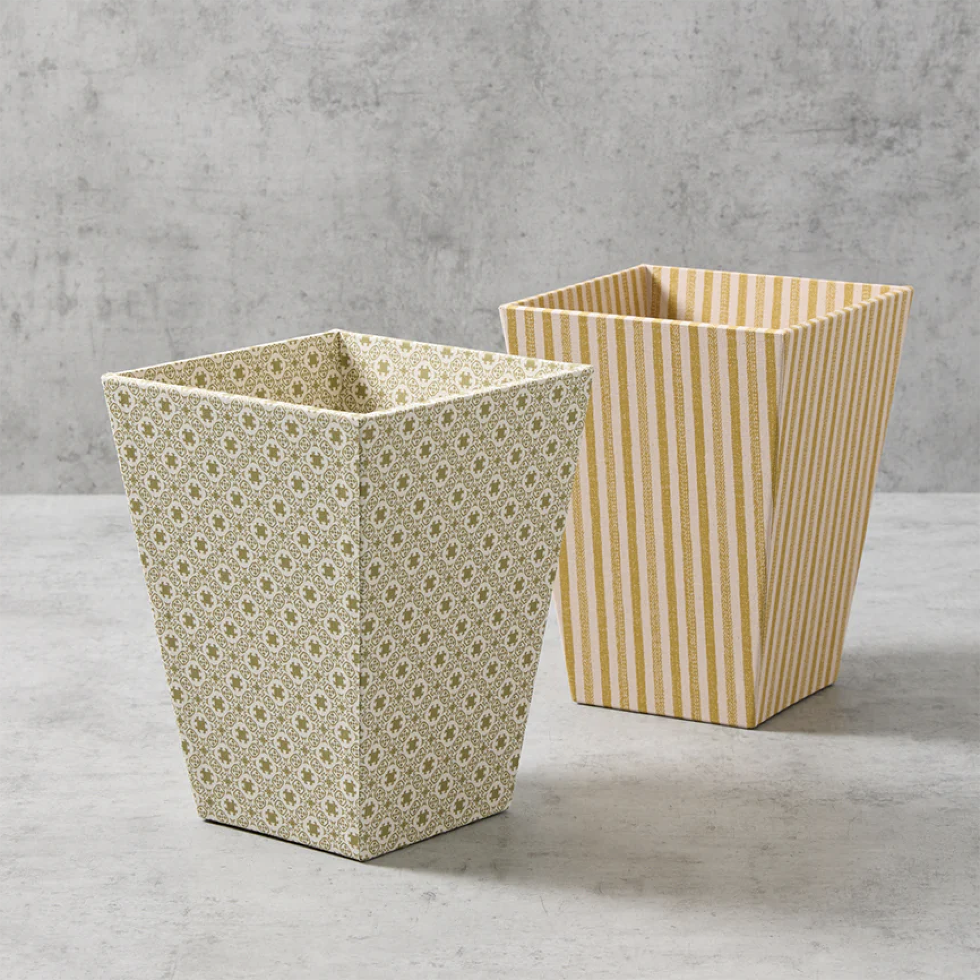 wallpapered bins in yellow and green