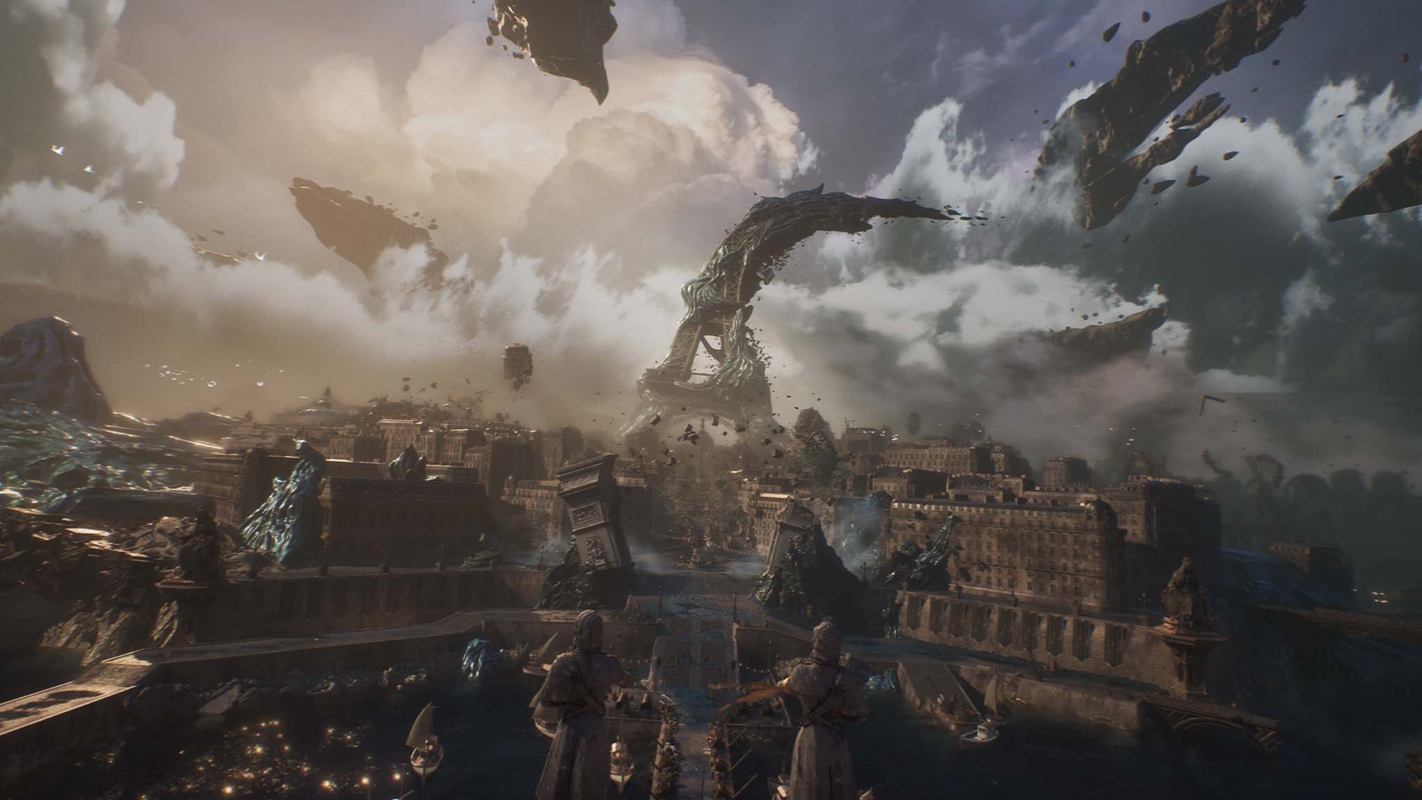 Screenshot from Clair Obscur: Expedition 33 showing the twisted city of Lumiere, that is inspired by Paris, France.