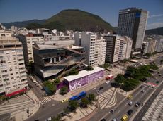 Buildings and the wave mosaics on the Copacabana Beach promenade