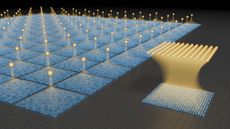 An illustration of a grid of blue squares with floating yellow dots over them with a zoom out of the grid on the right