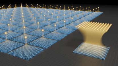 An illustration of a grid of blue squares with floating yellow dots over them with a zoom out of the grid on the right