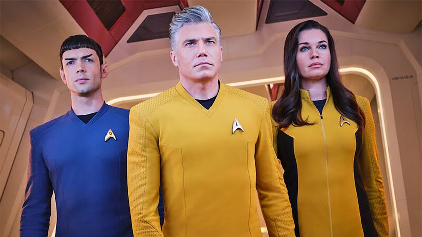 Ethan Peck as Spock, Anson Mount as Captain Pike, and Rebecca Romijn as Number One in Star Trek: Strange New Worlds