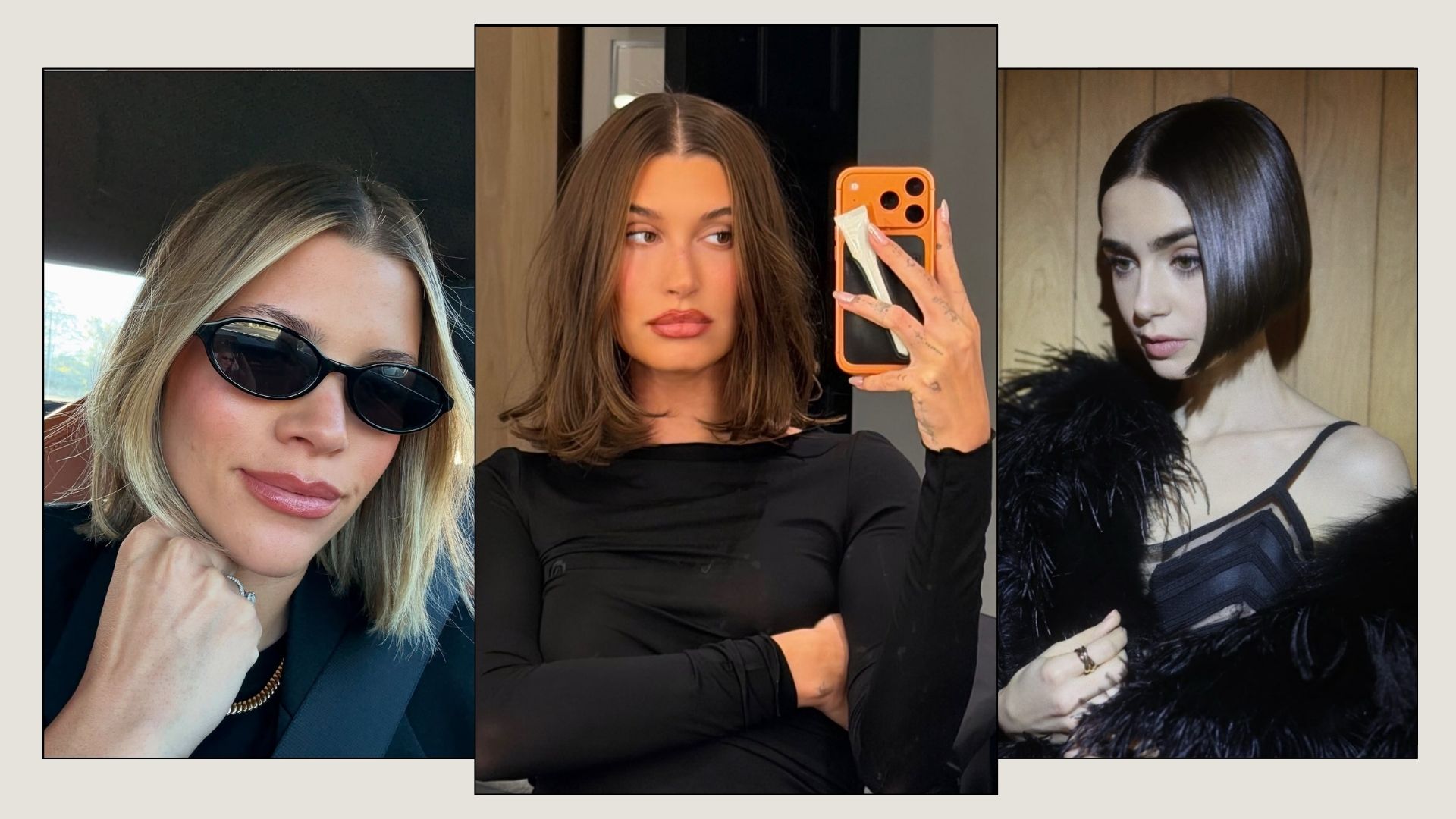 Sofia Richie Grainge, Hailey Bieber and Lily Collins with bevelled bob hairstyles