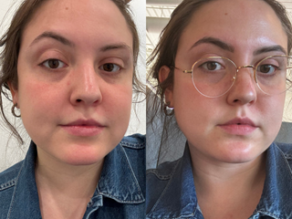 A side-by-side image of a woman before and after an eyebrow tint.