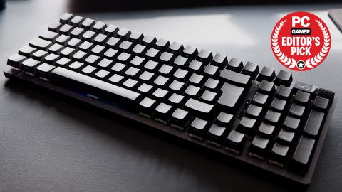 Asus ROG Strix Scope II 96 Wireless gaming keyboard on a desk with PC Gamer Editor's Pick logo in top right.